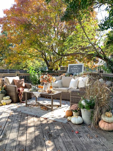 Need to deck out the deck or patio for a fall gathering? Head to my blog RouseintheHouse.Co for all kinds of fall porch and patio decorating ideas. 

Here I've styled our wicker outdoor furniture set with stacks of pumpkins and cozy fall textiles. 

The patio furniture set and the fall plaid scarf on the chair are the exact products linked. 

#LTKhome #LTKSeasonal