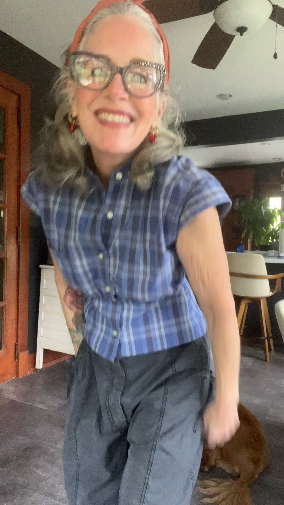 OOTD 5/13/2026. Love these super cool pants with an upcycled men’s shirt and some funky sandals from Melissa!
