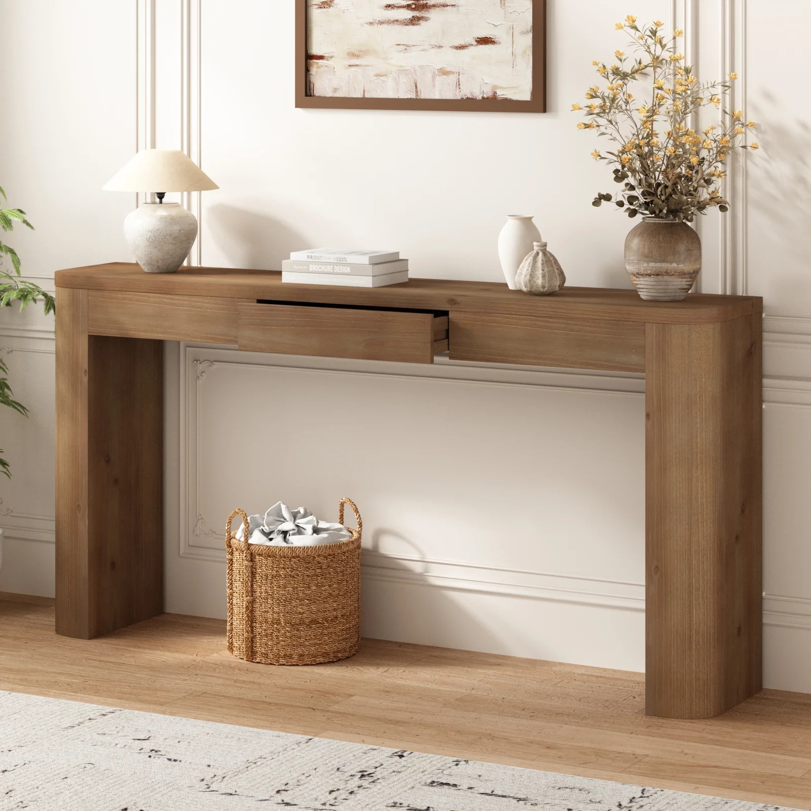 63'' Solid Wood Narrow Console Table with Storage Drawer, Entryway Table Behind Couch for Living Room Hallway, Brown - Walmart.com | Walmart (US)