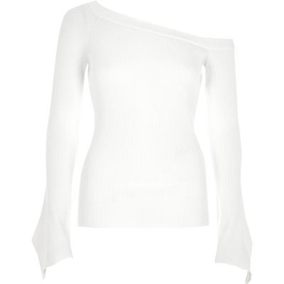 White bardot asymmetric sleeve knitted top | River Island (US)