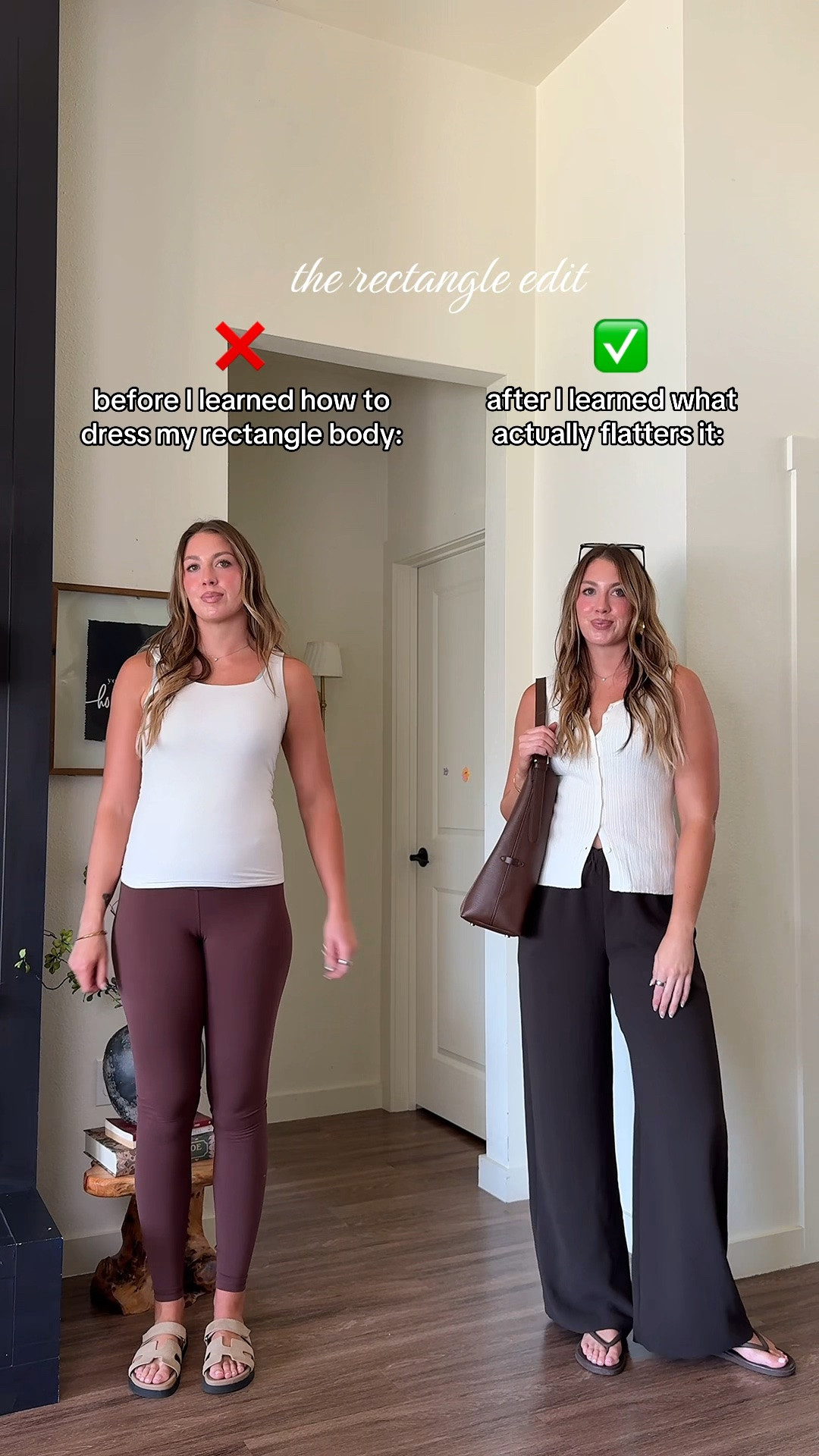 Rectangle girlies 🤎 Here’s WHY these outfit combos work: the wide-leg pants add shape through the lower half, while the peplum top defines the waist + creates curves. 👏🏻

I’m 510 wearing a medium tall in wide leg pants + small in top!