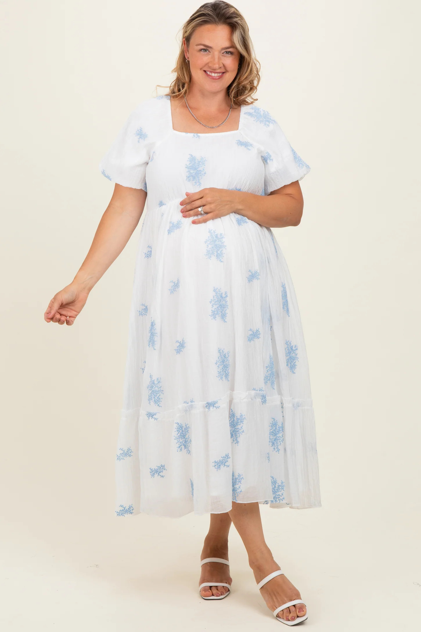 Ivory Floral Print Ruffle Hem Maternity Plus Midi Dress | PinkBlush Maternity