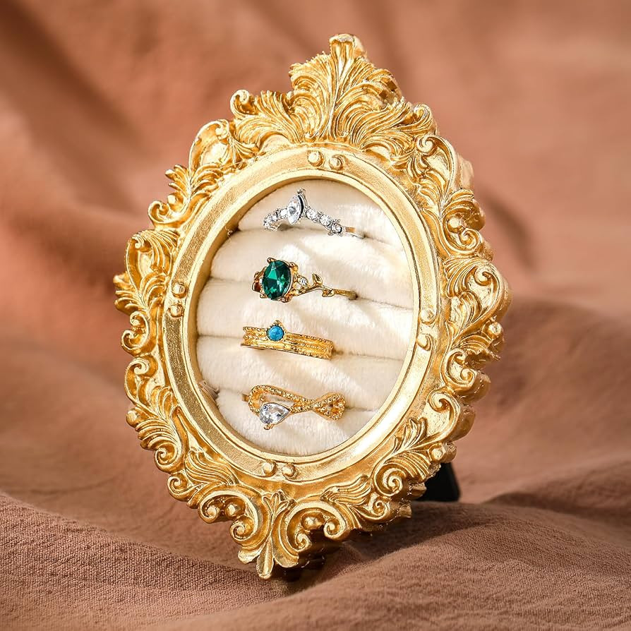 Vintage Ring Holder Oval Light Gold Ring Display Stand Frame Earring Display Tray Anniversary Eng... | Amazon (US)