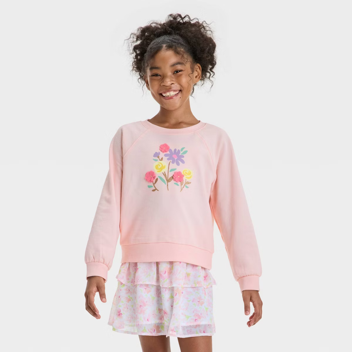 Girls' French Terry 'Easter Floral' Pull Over Top - Cat & Jack™ Light Peach Orange | Target
