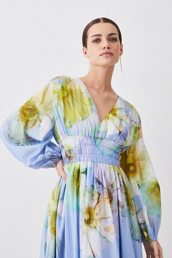 Petite Photographic Floral Silk Cotton Maxi Dress | Karen Millen US
