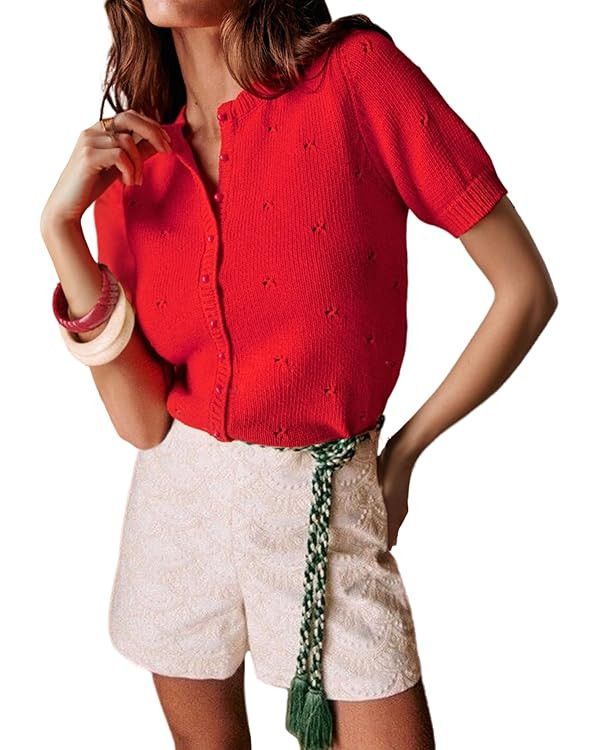 Bianstore Women's Casual Short Sleeve Crewneck Button Down Cardigan Sweater Crochet Knit Top | Amazon (US)