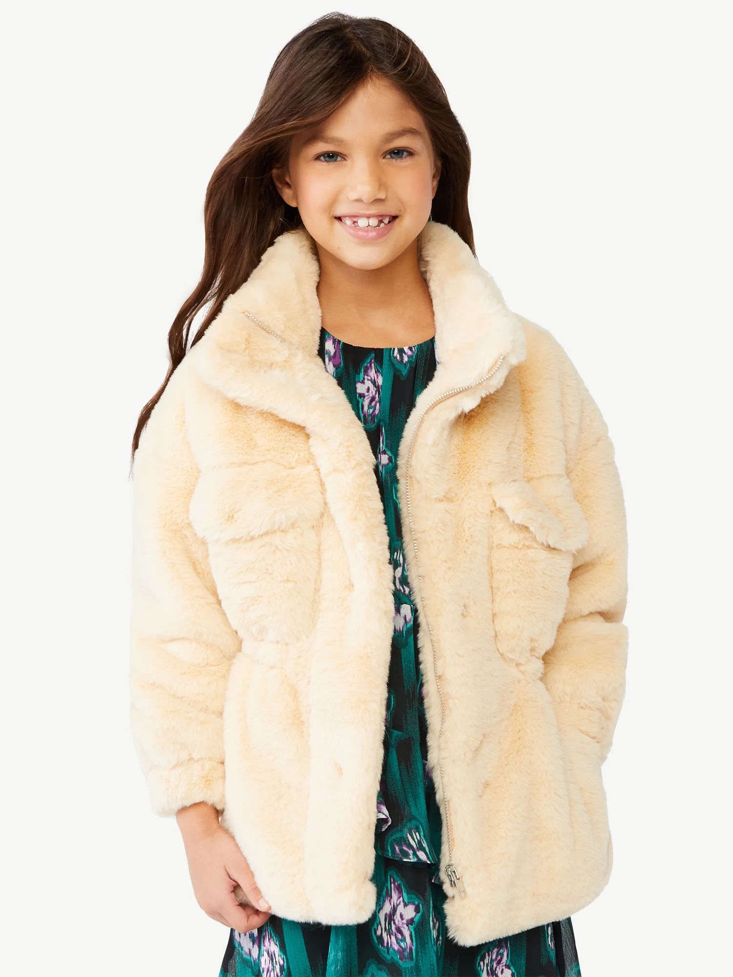 Scoop Girls Faux Fur Jacket with Cinched Waist, Sizes 4-12 - Walmart.com | Walmart (US)
