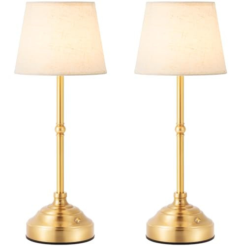 keysays 2 Pack Cordless Table Lamp, Rechargeable Desk Lamp with Fabric Shade, Battery Operated Lamp 3 Color Stepless Dimming, Small Touch Bedside Lamp Home Decor for Dining, Counter (Brushed Gold) | Amazon (US)