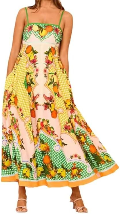 Women Summer Boho Cami Maxi Dress Spaghetti Strap Flowy Graffiti Long Aline Sun Dress | Amazon (US)