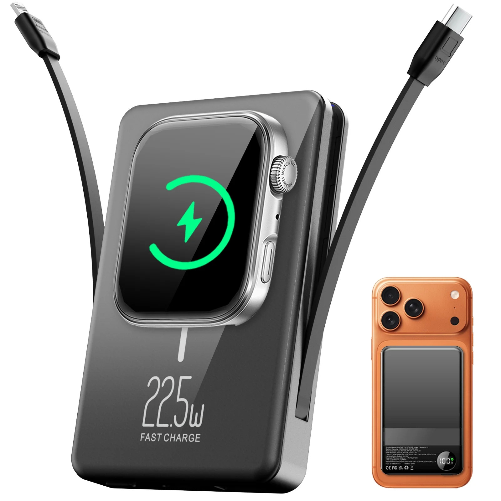 Magnetic Portable Charger with Built-in-Cable, iWatch Charger, 10000mAh Power Bank with Display, ... | Walmart (US)