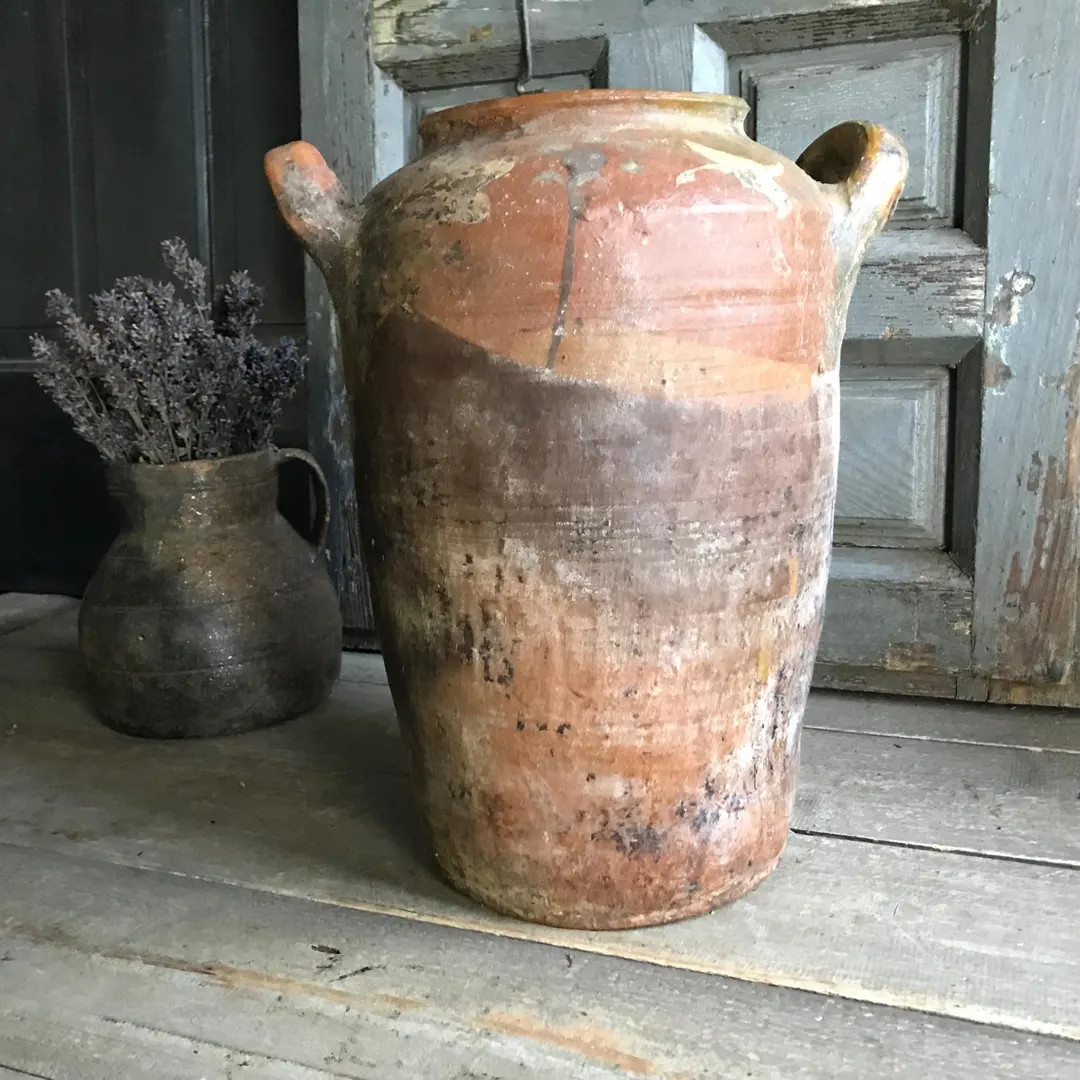 19th C Pottery Jug, Italian Redware, Rustic Earthenware, Terra Cotta, Two Handle Garden Pot, Vase... | Etsy (Global)