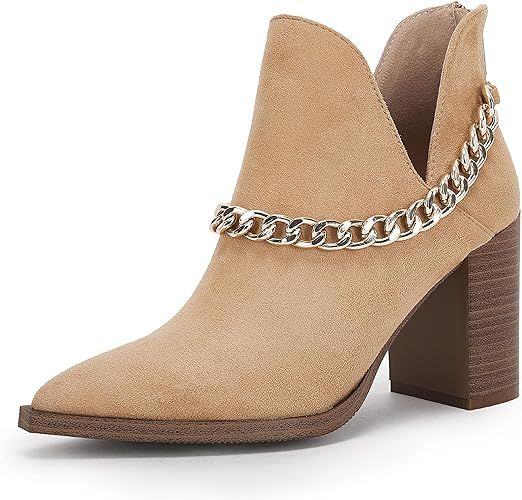 Womens Cutout Booties Chain Pointed Toe Stacked High Heel Back Zipper Casual Ankle Boots | Amazon (US)