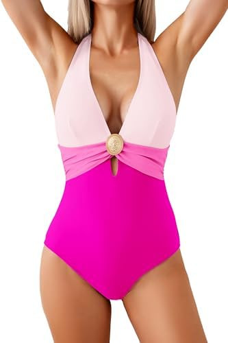Women's One Piece Swimsuit Sexy Tummy Control Bathing Suit V Neck Halter Monokini Color Block Met... | Amazon (US)