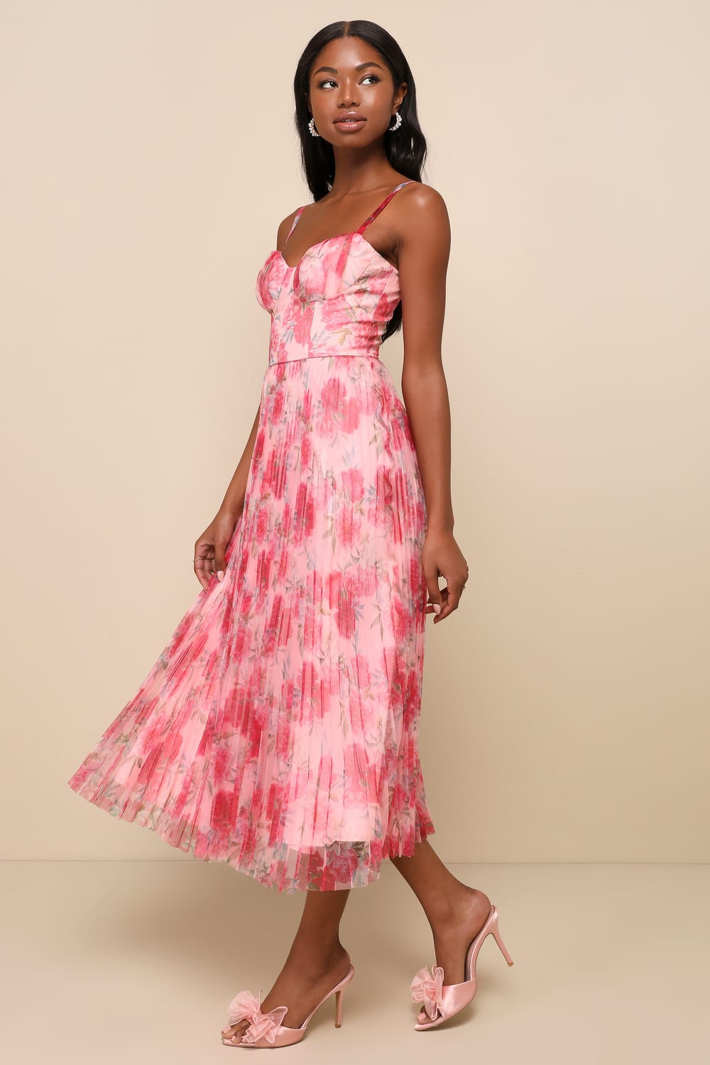 Alluring Invite Light Pink Floral Pleated Bustier Midi Dress | Lulus