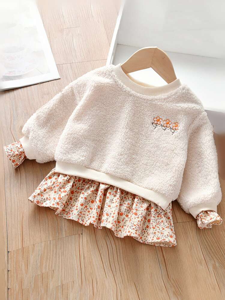Toddler Girls Floral Embroidery Ruffle Trim Shearling Sweatshirt | SHEIN