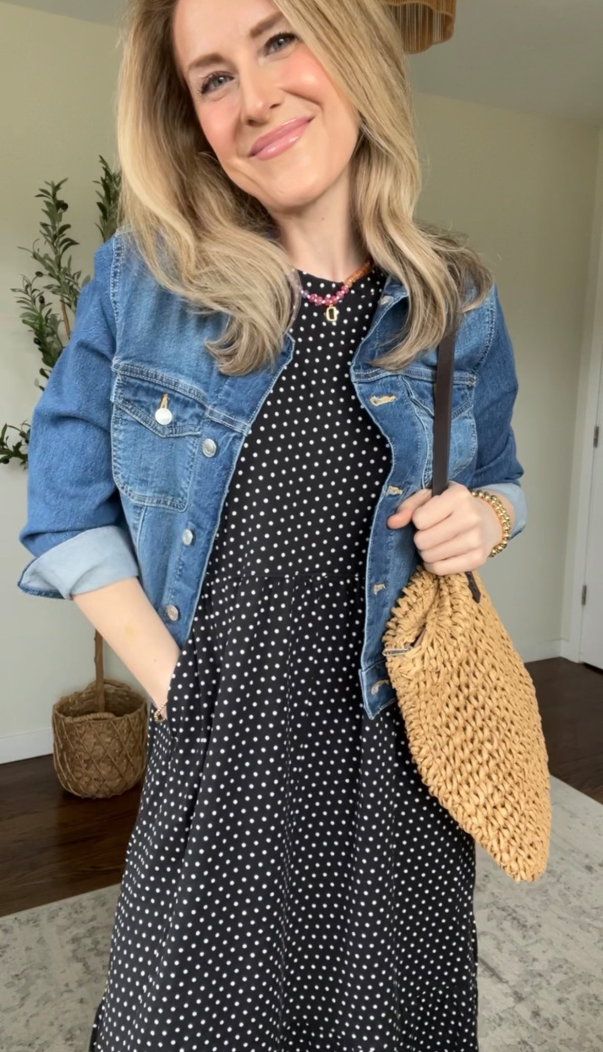 Walmart cotton sleeveless tiered midi dress, fits true to size (I’m in a large here, I accidentally grabbed the wrong size in store but I’m keeping it!) denim jacket size medium. #walmartfashion polka dots Easter dress 

#LTKOver40