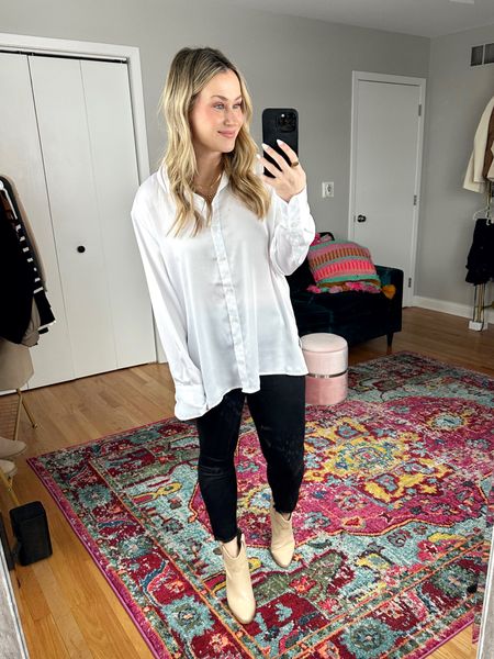Spring outfit ideas / black jeans and an oversized top. This shirt comes in 5 colors and is super affordable, perfect for a casual outfit or a workwear top, also linked these booties 

#LTKshoecrush #LTKunder50 #LTKworkwear