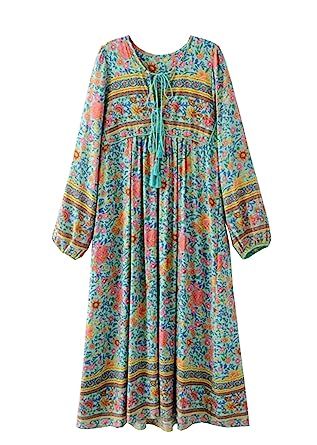 R.Vivimos Women's Long Sleeve Floral Print Retro V Neck Tassel Bohemian Long Midi Dresses | Amazon (US)