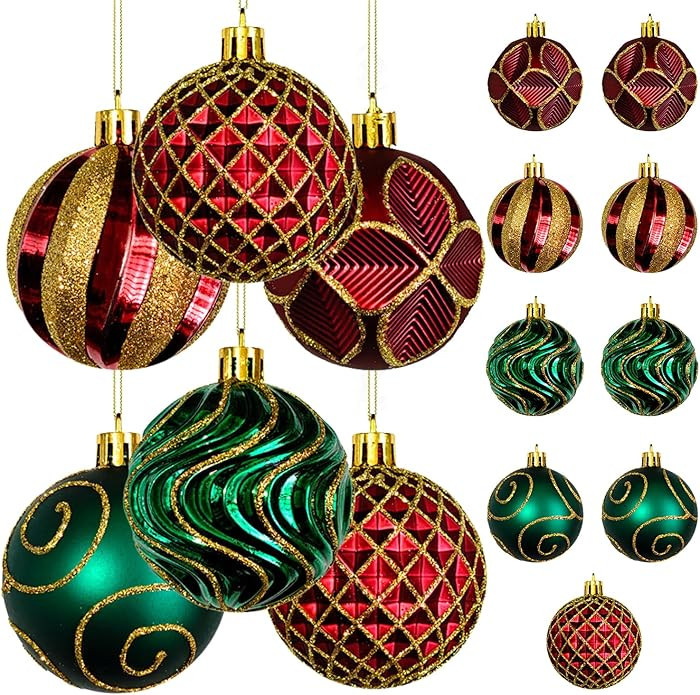 Luxury Christmas Ball Ornaments Set, Red and Green with Gold Glitter Patterns, Shatterproof Holid... | Amazon (US)