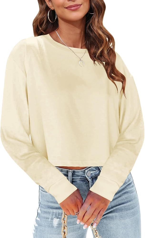 Tankaneo Womens Long Sleeve Crop Tops Loose Fit Fall Cropped Tshirt 2025 Crew Neck Casual Shirts | Amazon (US)