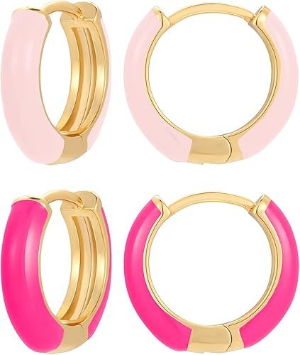 Small Hoop Enamel Earrings for Women, 18K Gold Plated Colorful Hypoallergenic Cute Cubic Zirconia... | Amazon (US)