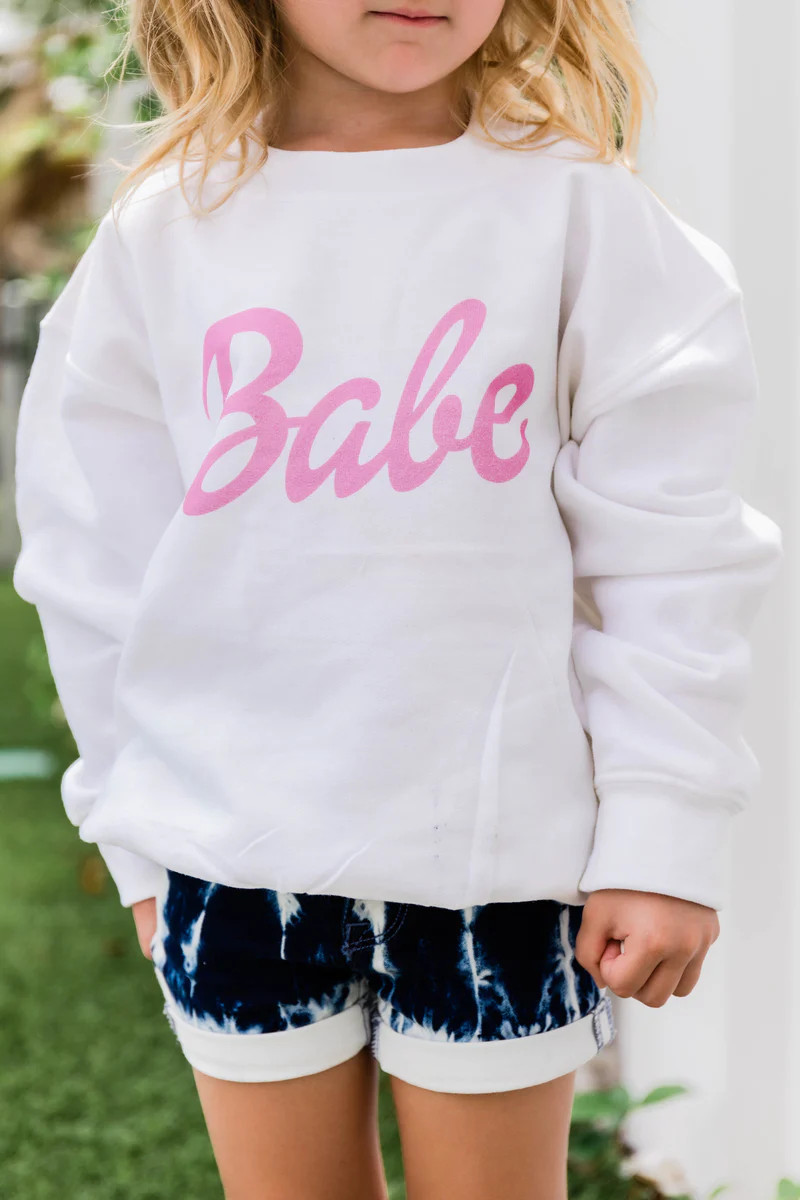 Kids Babe Script Graphic Sweatshirt White | The Pink Lily Boutique