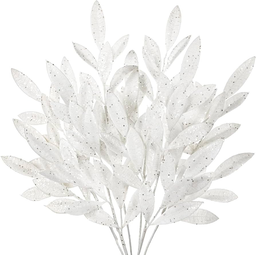DILATATA 6Pcs Christmas Glitter Leaves Bay Leaves Spray 24" Artificial White Bay Leaf Picks Spray... | Amazon (US)