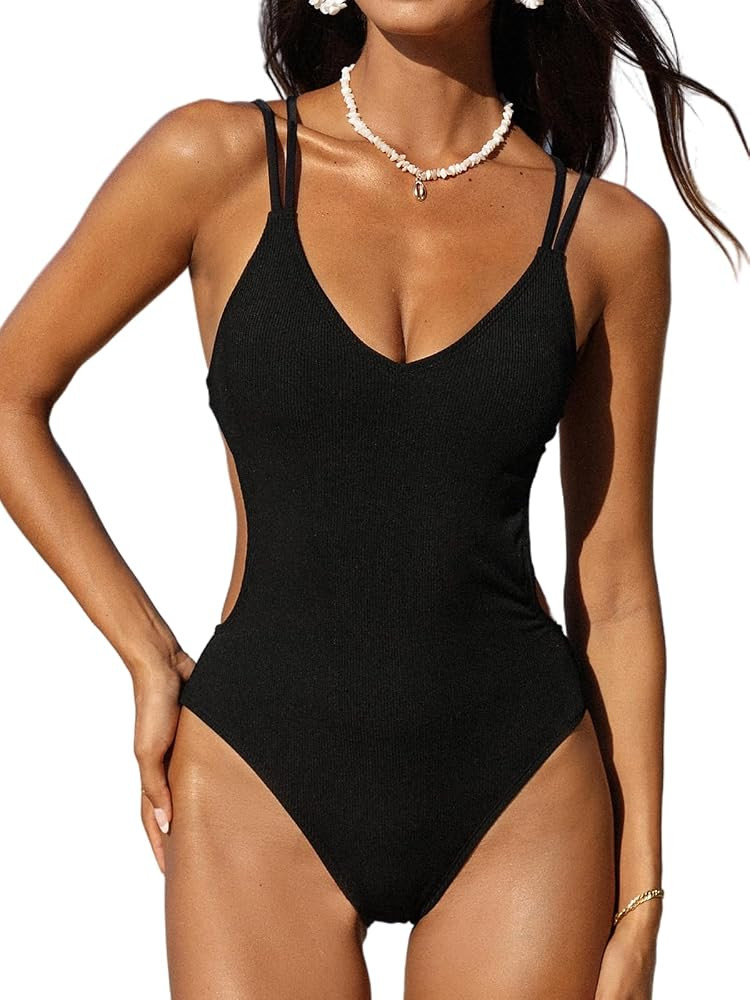 CUPSHE Women's One Piece Swimsuit Scoop Neck Back Strappy Lace up Double Straps Bathing Suit | Amazon (US)