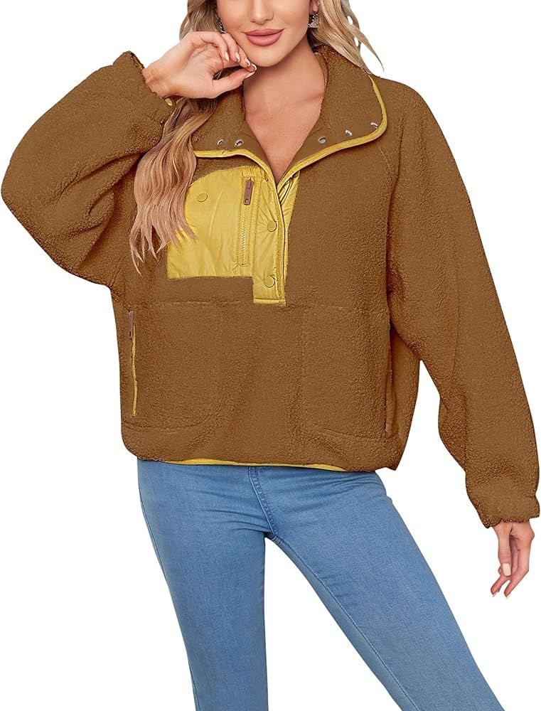 Jawmeu Women's Winter Fleece Jacket Half Button Fuzzy Pullovers Fluffy Colorblock Sweatshirt with Po | Amazon (US)