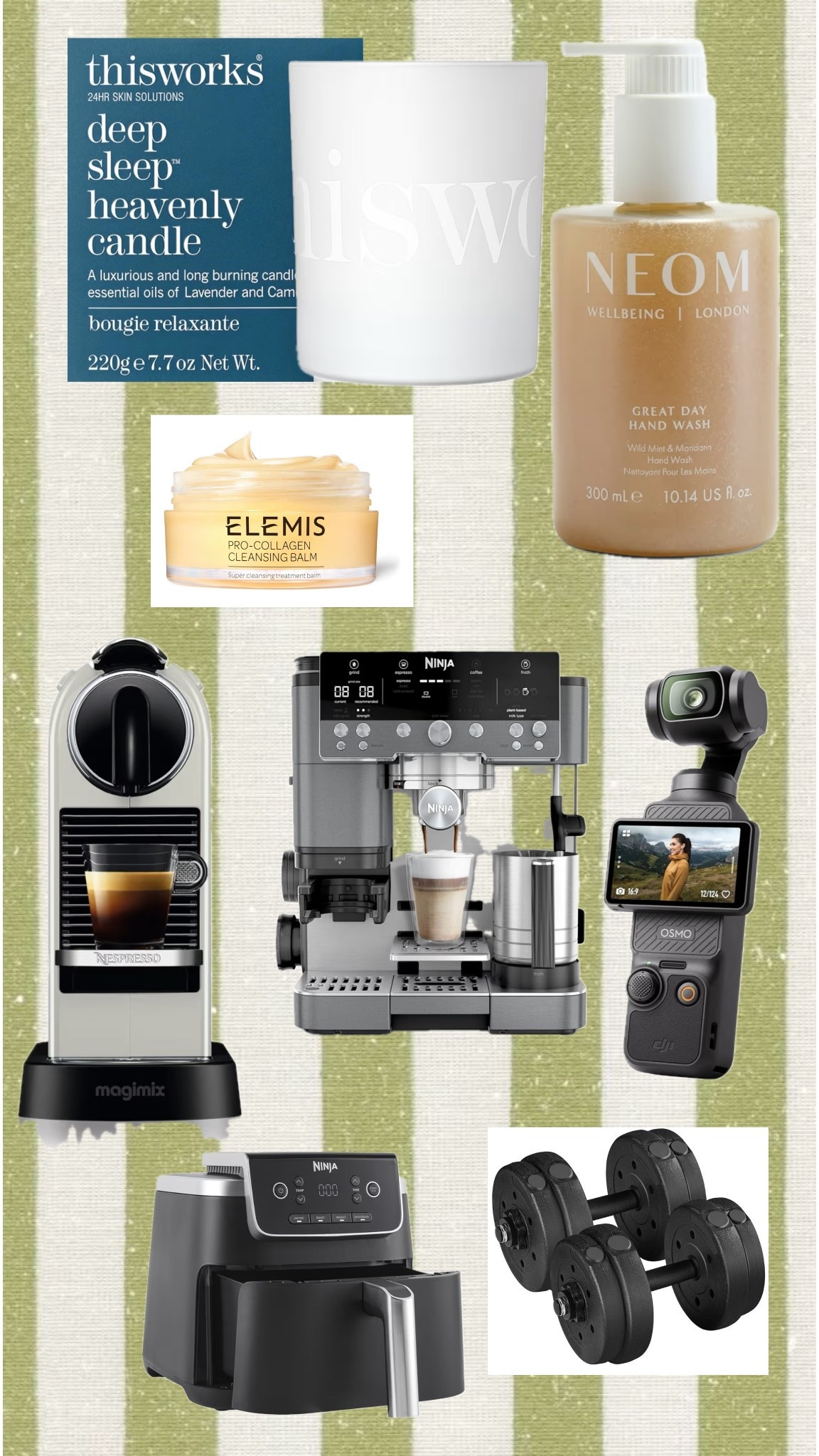 Amazon spring deals 
Elemis cleansing balm 
Nespresso coffee machine 
Ninja coffee machine 
Dji camera 
Neom 
Ninja air fryer 
Candles 
Dumbbells 

#LTKhome #LTKfitness #LTKgiftguide