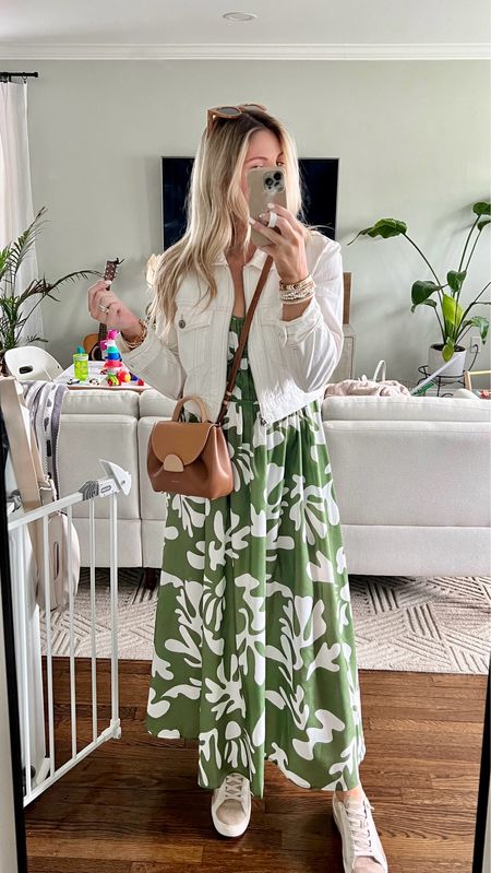 Green floral maxi dress, Abercrombie white denim crop jacket, dolce vita slip on sneakers 