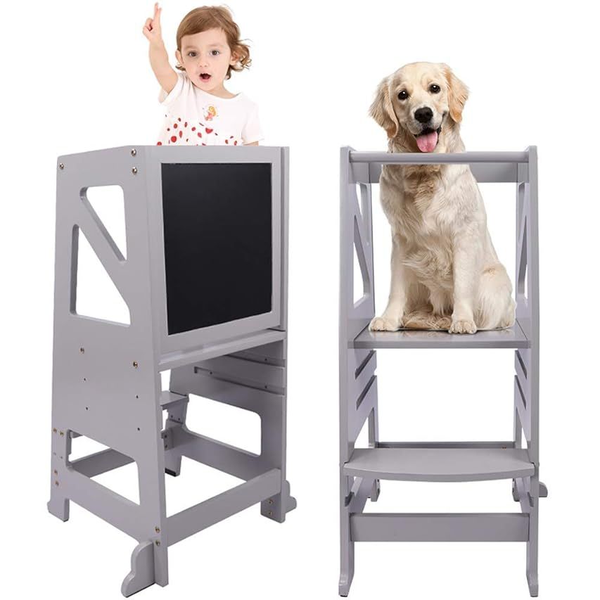 Kids Kitchen Step Stool, Dripex Wooden Learning Stool with Safety Rail & Chalkboard, Adjustable Coun | Amazon (US)