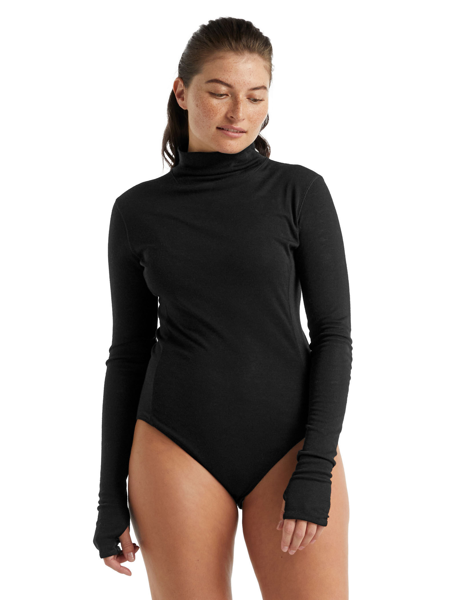 Icebreaker Women's Merino Queens Long Sleeve High Neck Bodysuit Shirt | Black | 100% Merino Wool | icebreaker US