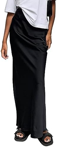 Amy Babe Saia maxi feminina de cetim seda cintura alta elegante cintura elástica saia longa linh... | Amazon (BR)
