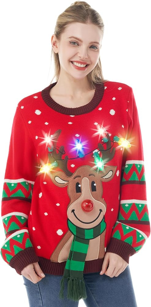 JOYIN Womens LED Light Up Christmas Sweater, Reindeer Christmas Ugly Sweater with Light Bulbs | Amazon (US)