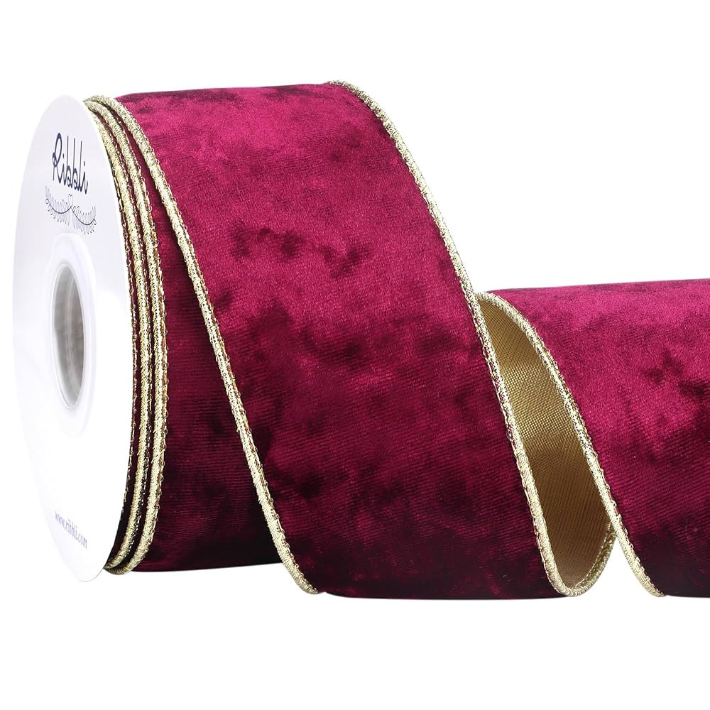 Ribbli Burgundy Velvet Wired Ribbon 2.5 Inch Metallic Burgundy Red Gold Crushed Velvet Christmas ... | Amazon (US)