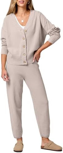ANRABESS Women 2 Piece Lounge Sets 2025 Fall Outfits Casual Waffle Knit Cardigan Sweater Pant Set... | Amazon (US)