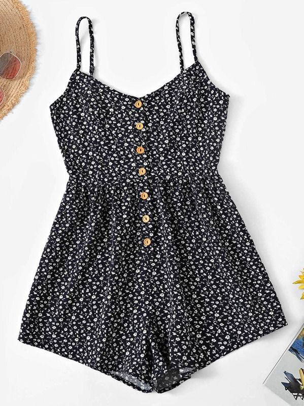SHEIN Ditsy Floral Button Front Cami Romper | SHEIN