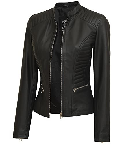 fjackets Real Black Leather Jacket Women - Cafe Racer Slim Fit Womens Leather Jacket Stand Collar | [1310424] N185, L | Amazon (US)