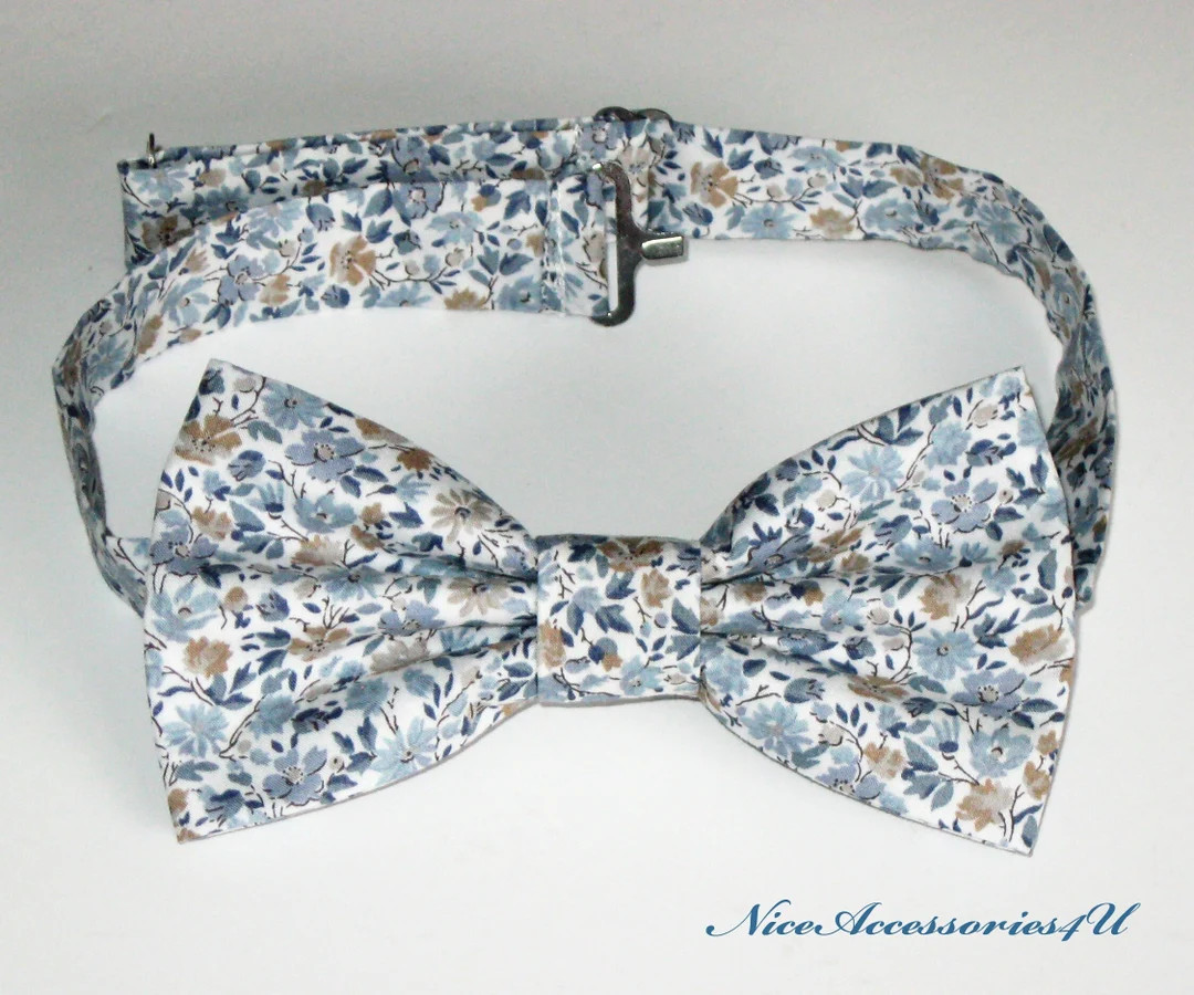 Grey Blue Floral Liberty Bow Tie for Men & Boys. Dusty Blue and Tan Pre-tied Wedding Bowtie Liber... | Etsy (US)