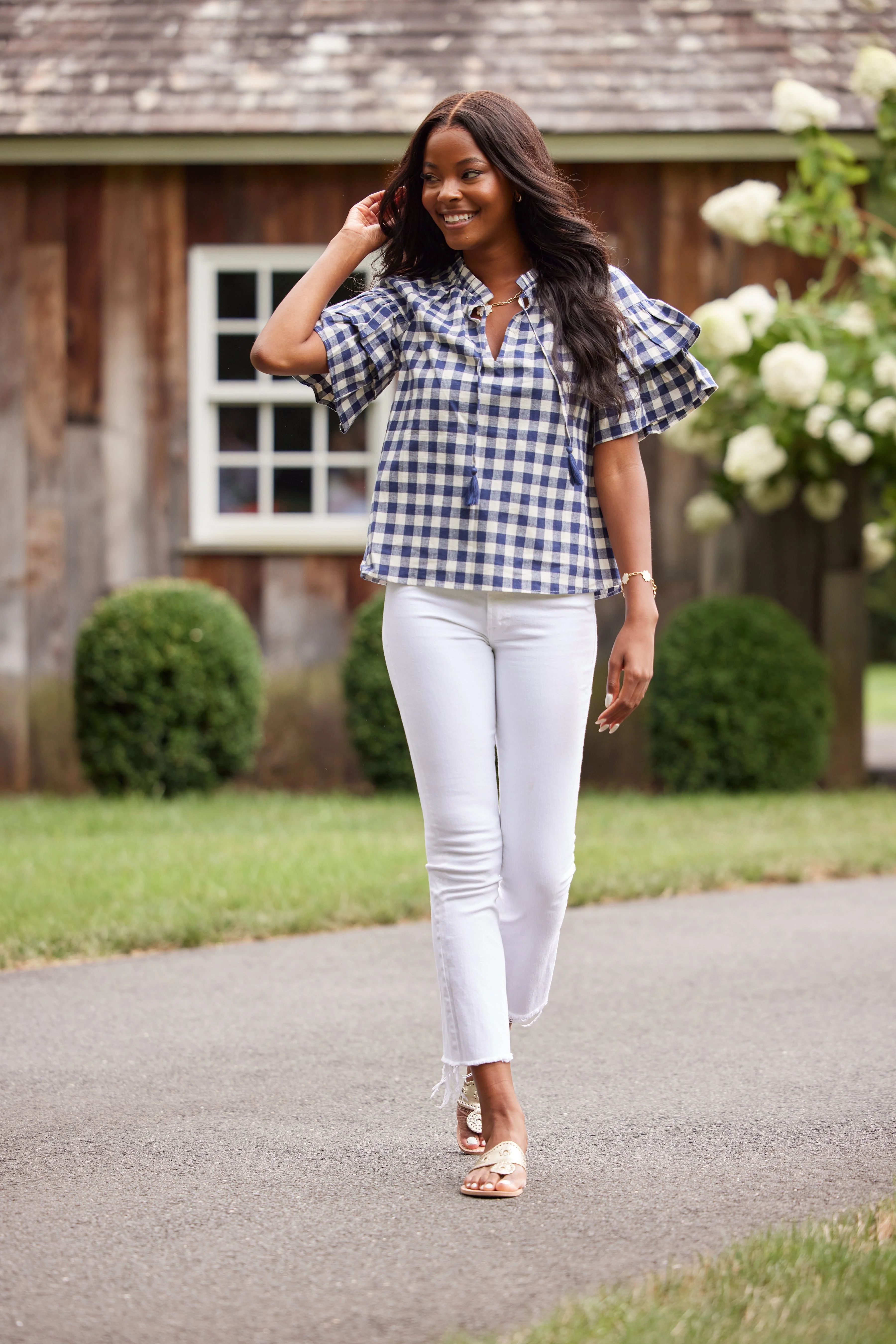 Navy Gingham Flutter Sleeve Top with Tassels | Sail to Sable
