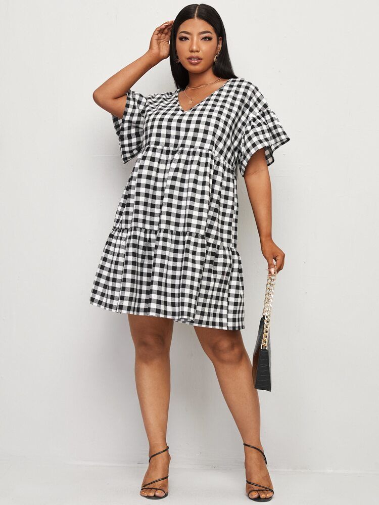 Plus Gingham Flounce Sleeve Ruffle Hem Dress | SHEIN