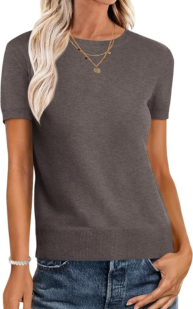 ANRABESS Womens Short Sleeve Sweaters Wool Blend Crew Neck Sweater Shirts Business Casual Work To... | Amazon (US)