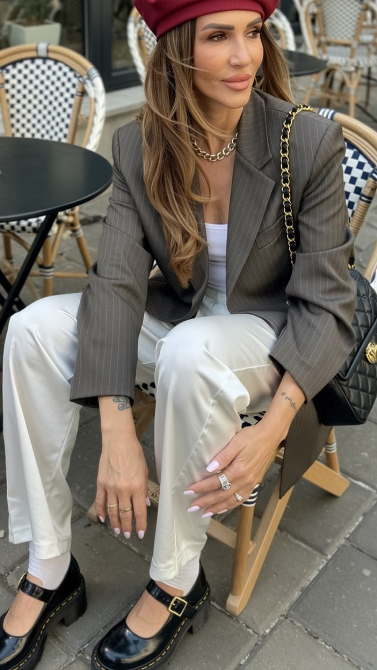 Parisian Vibes in Pinstripes ☕️

Taking this tailored blazer from boardroom to bistro! Love how a classic pinstripe suit becomes instantly chic with a beret and Mary Janes.

The white-on-gray combo keeps it fresh and modern, while the gold chain adds just the right touch of edge. Perfect for those days when you want to feel polished but still playful.

Shop the look below 👇

#LTK #LTKStyleTip #BlazerStyle #ParisianChic #FallFashion #TailoredLook 

#LTKWorkwear #LTKOver40 #LTKSeasonal #LTKFindsUnder100