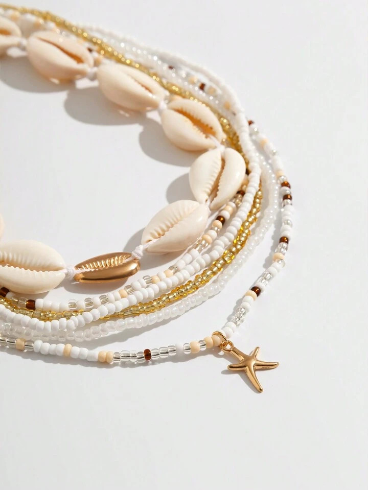 ROMWE Fairycore 6pcs Fashionable Ocean Style Starfish Pendant Shell Beaded Bohemian Waist Chain Set | SHEIN
