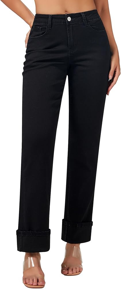 roswear Women’s Straight Leg Jeans High Waisted Boyfriend Stretchy Cuffed Denim Pants | Amazon (US)