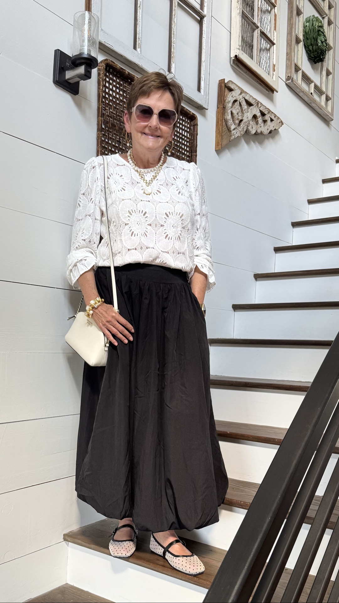 Dressing up with this adorable and comfy bubble skirt, lace blouse, with mesh flats. Neutral accessories complete this simple but stylish outfit. Looking fashionable at any age!

#LTKOver40 #LTKMidsize