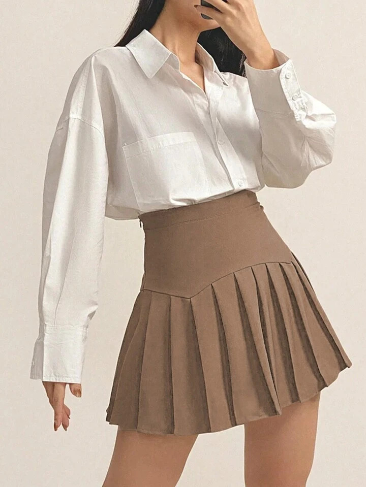 Women's Solid Color Retro Fashion High Waist Pleated Mini Skirt | SHEIN