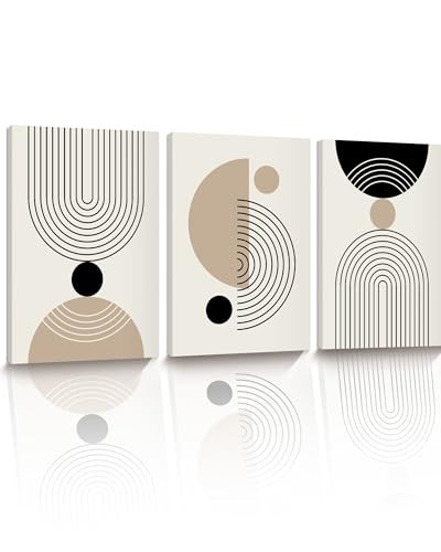 HesenDot Abstract Geometric Wall Art Set of 3, 30x40CM Minimalist Line Framed Canvas Prints, Boho Modern Neutral Beige Black Shapes Wall Decor for Living Room Bedroom Bathroom Office Home | Amazon (US)