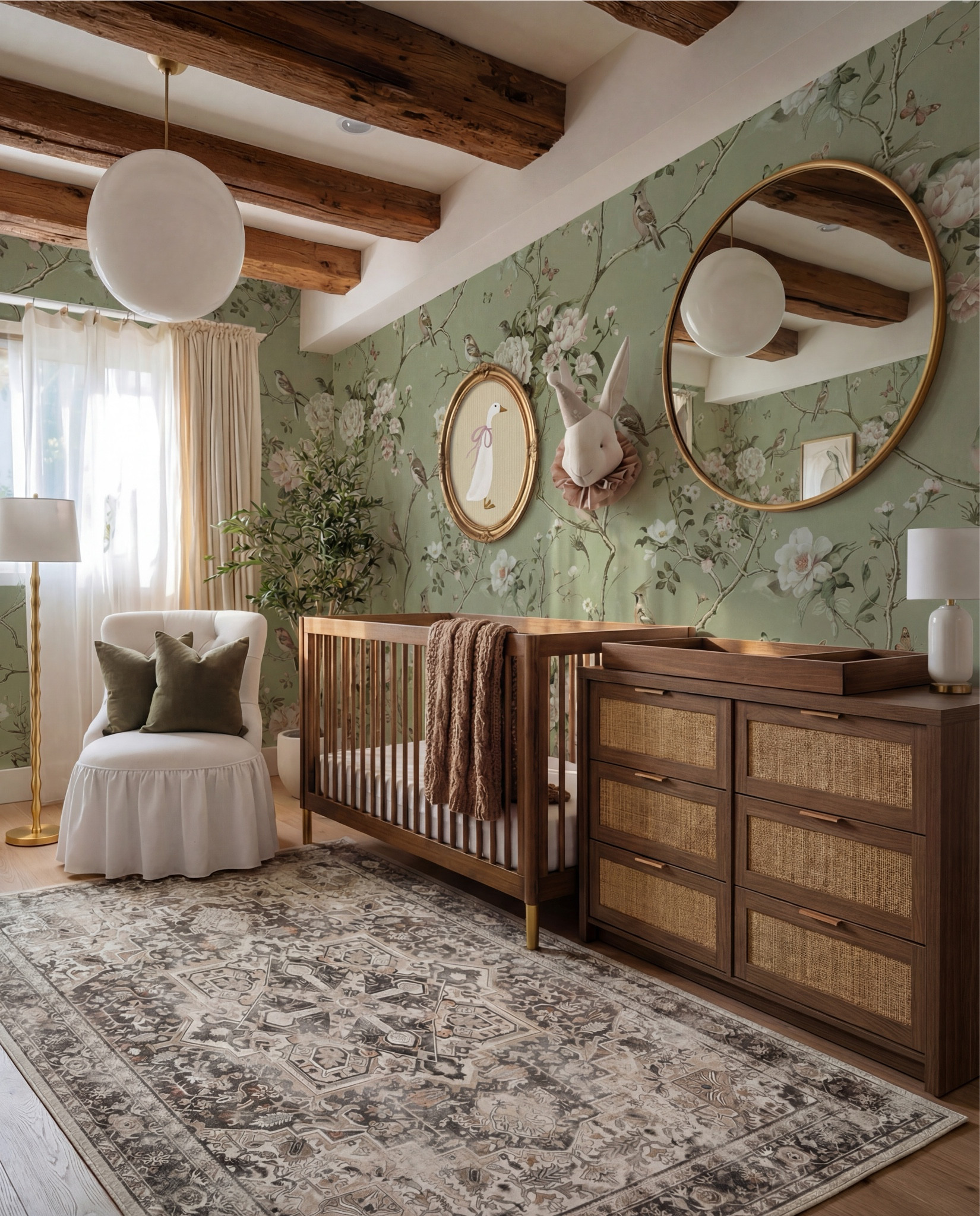 This nursery feels storybook-soft and timeless, blending nature-inspired charm with warm, grounding materials. The floral wallpaper sets a whimsical tone, while exposed wood beams and rich wood furniture keep the space feeling elevated and cozy rather than overly sweet.

The balance of classic nursery pieces with refined finishes—like brass accents, woven textures, and sculptural lighting—makes this room feel calm, intentional, and designed to grow with the child.

Shop the Look:
• Floral wallpaper (soft green with botanical print)
• Solid wood crib (warm walnut tone)
• Knit throw blanket (neutral brown)
• Wood dresser with woven drawer fronts
• Changing tray (wood)
• Round brass-framed wall mirror
• Oval framed animal artwork
• Decorative wall animal mount
• Upholstered accent chair (ivory)
• Green accent pillows
• Floor lamp (brass base, white shade)
• Table lamp (ceramic base, white shade)
• Pendant ceiling light (soft white globe)
• Neutral vintage-style area rug
• Light wood flooring
• Sheer curtains with linen drapery panels

#LTKHome #LTKFindsUnder100 #LTKSaleAlert